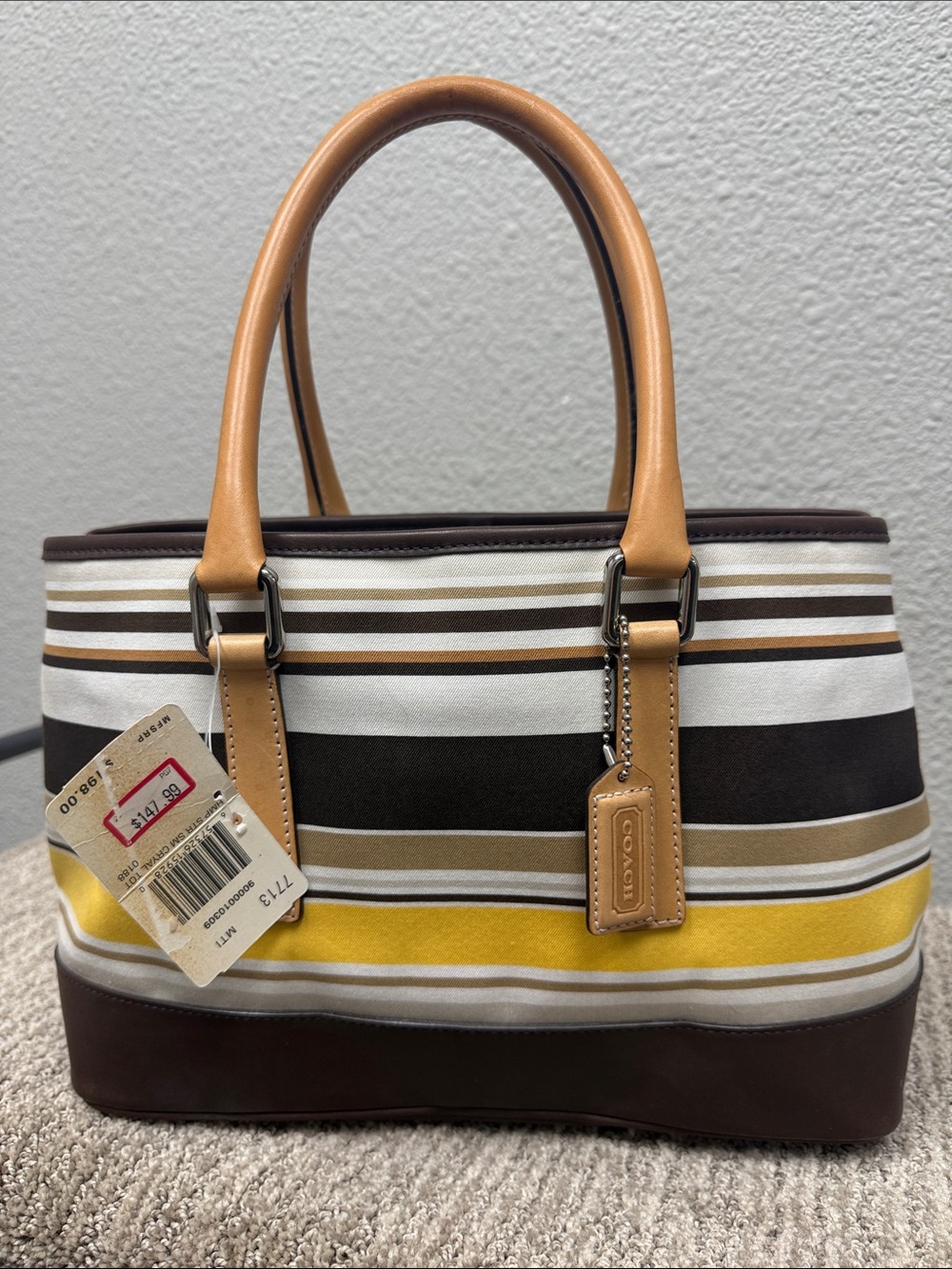 COACH Striped Leather-Trim Tote in Brown, Tan & Yellow